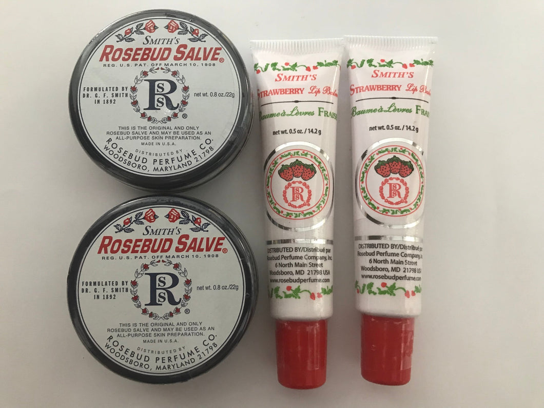 Smith's Rosebud Savle Lip Balm Pack of 4 (2 original tins, 2 strawberry tubes)